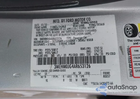 2010 Mercury Milan Premier z USA, uszkodzony, nr VIN 3MEHM0JG4AR653126